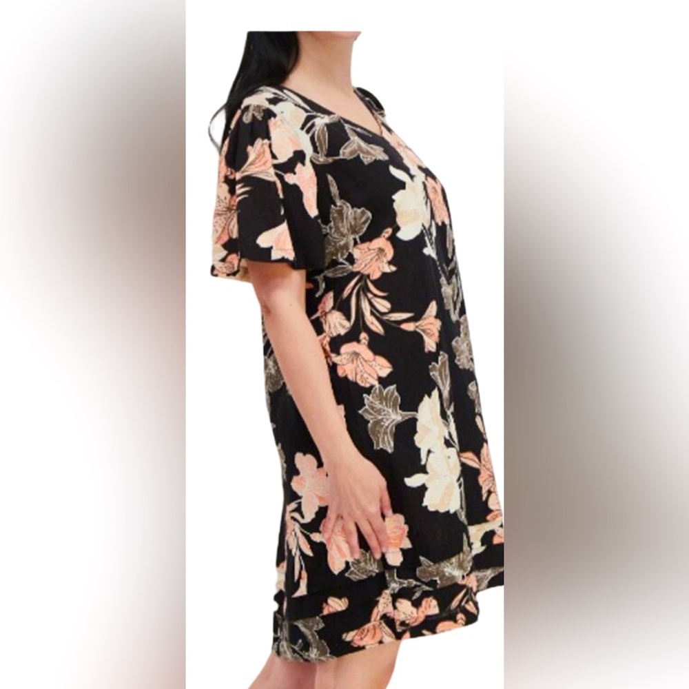 Nicole Miller Linen Dress Large Floral Botanical Above Knee Short V Neck